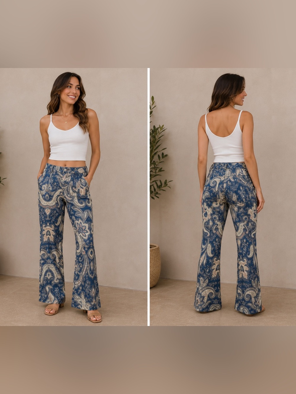 Blue/White Floral Design Boot Cut Flare Pants Women’s Size XL
